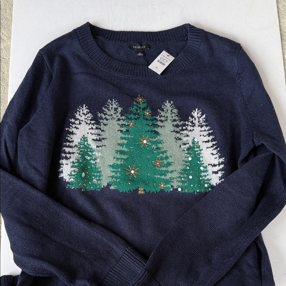 Talbots Navy Sweater with Festive Tree Design